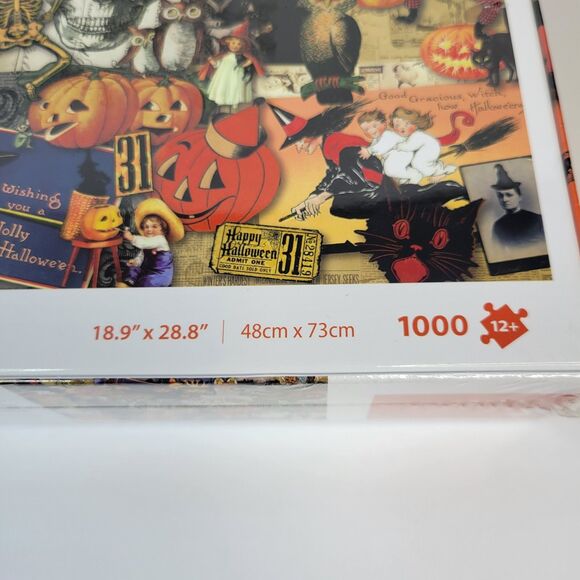Seesaw Boo Happy Halloween 1000pc Jigsaw Puzzle Retro Vtg Style Collage Art Cats - Picture 10 of 11